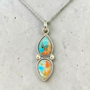 Copper Turquoise Spiny Oyster Pendant Necklace 925 Sterling Silver Southwest
